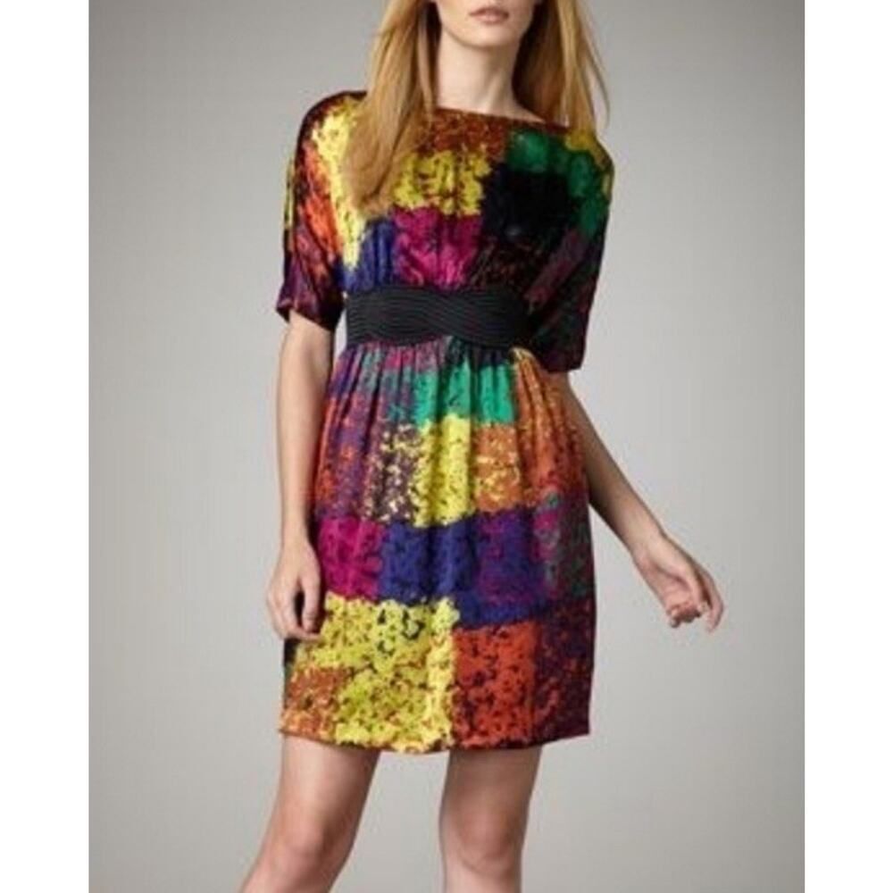 Trina Turk Fosse 100% Silk Multicolor Dress Size 10 Vibrant Print Waist Detail - Picture 3 of 11
